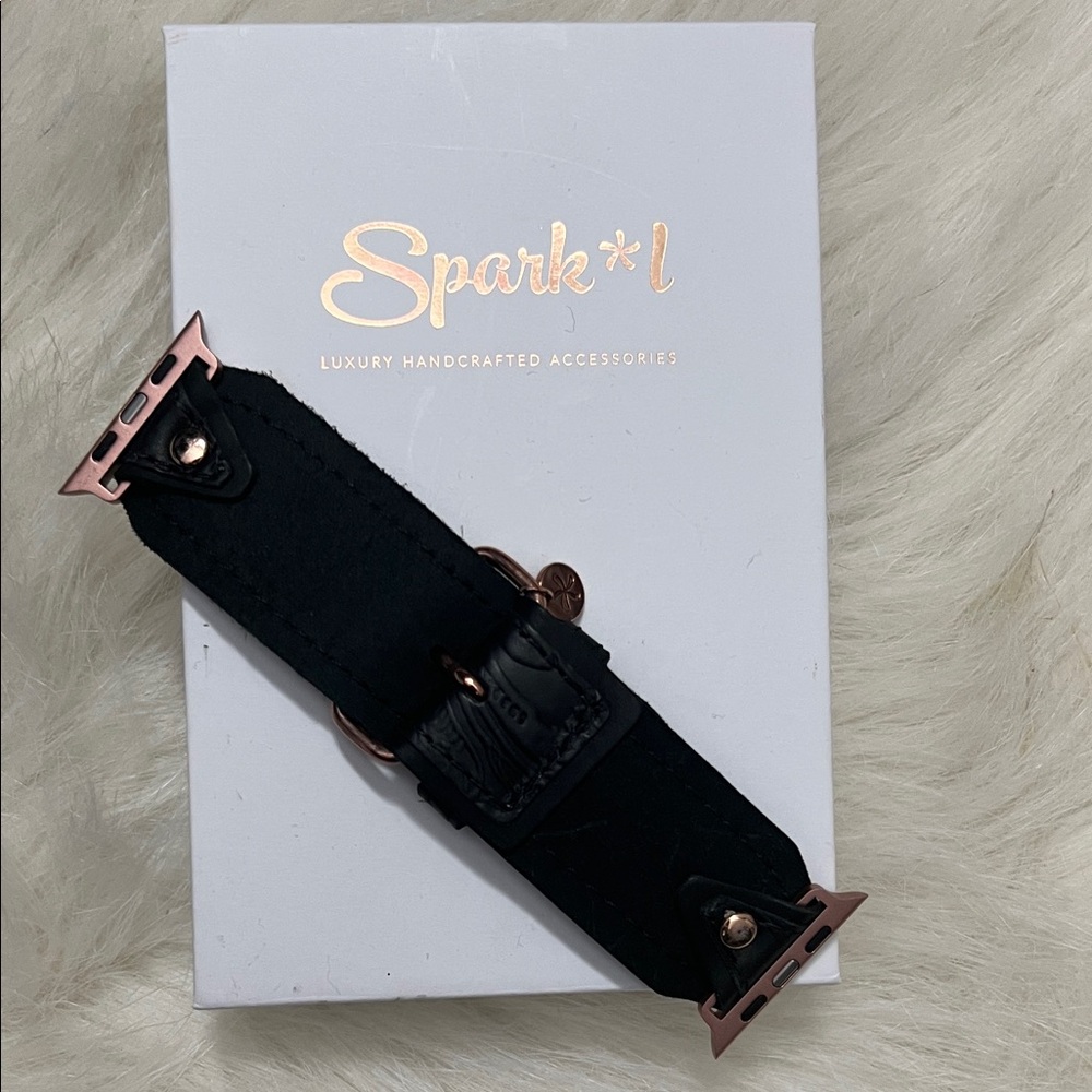 Spark*l Black Leather Apple Watch Band with Rose Gold Hardware- Size 2, Large 🍎 - Picture 2 of 4